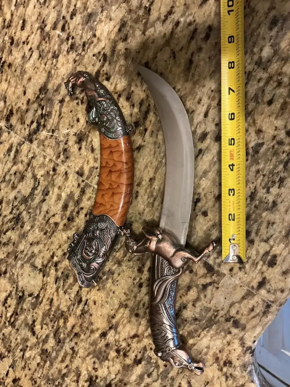 Mongolian Horse Figural Curved Dagger and Scabbard